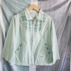 VTG Koret Petites Mint Green Floral Embroidered Gingham Zip Jacket‎ L Picnic
